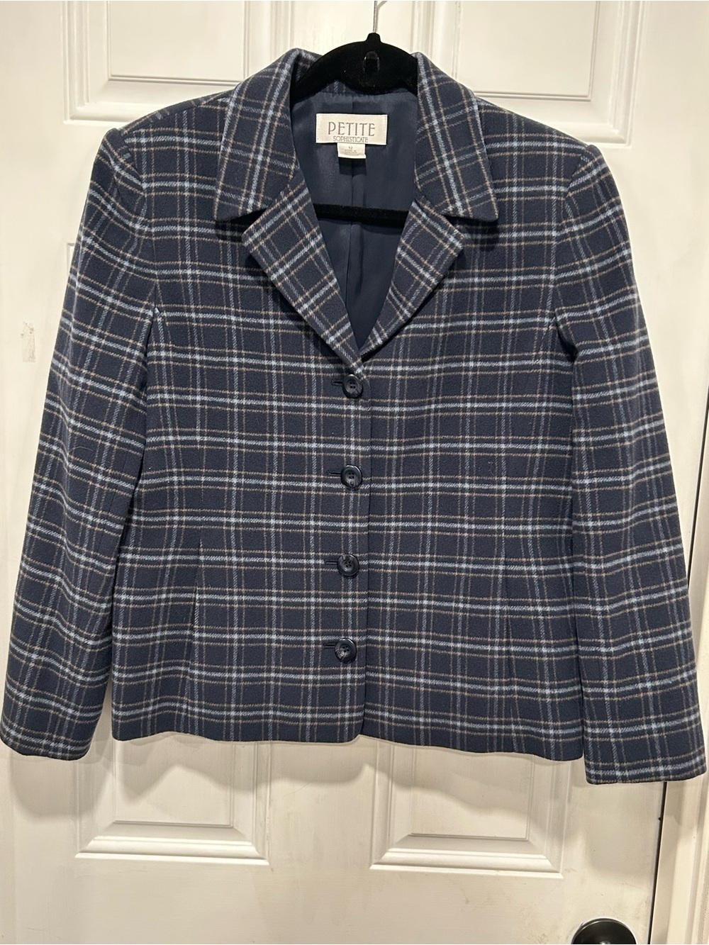 Vintage 90s Petite Sophisticate Blue Plaid Wool Blazer, Corporate Preppy 12P
